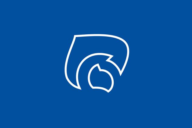 Weißes Logo auf blauem Hintergrund, bestehend aus geschwungenen Linien und abstrakten Formen.