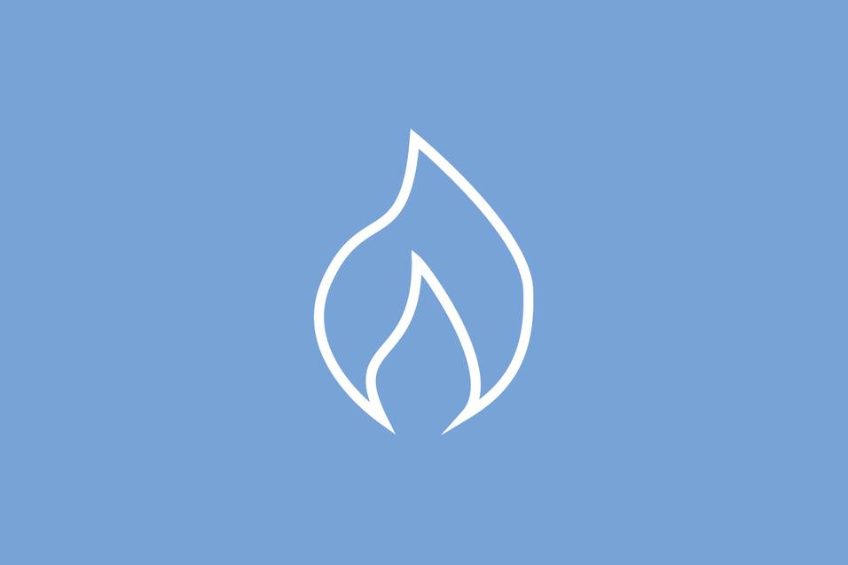 Symbol einer flammenförmigen Grafik in Weiß auf einem hellblauen Hintergrund.