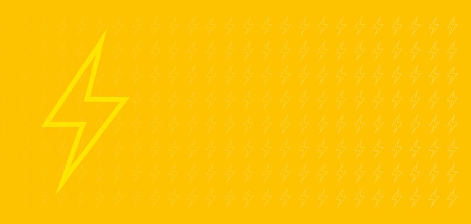 Gelber Hintergrund mit aneinandergereihten, dezent transparenten Blitzsymbolen und einem hervorgehobenen, leuchtenden Blitz.