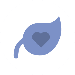 Symbol eines blauen Blattes mit einem Herzmotiv in der Mitte, umgeben von einem weißen Kreis.